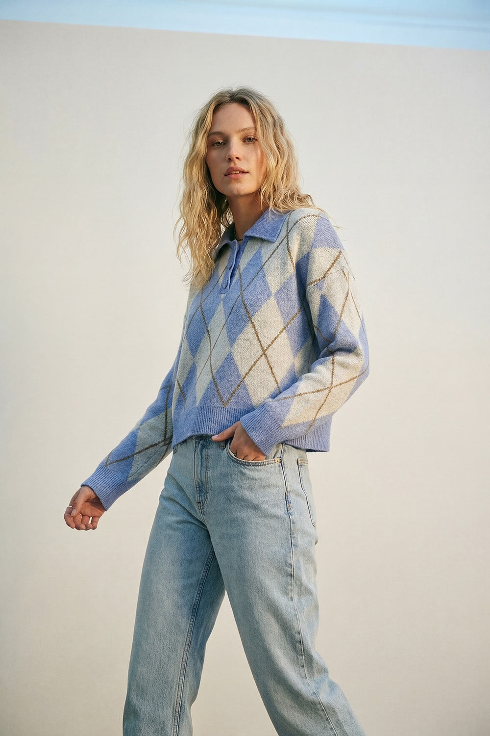 Fluffy Argyle Knit Sweater in blue with Polo Collar