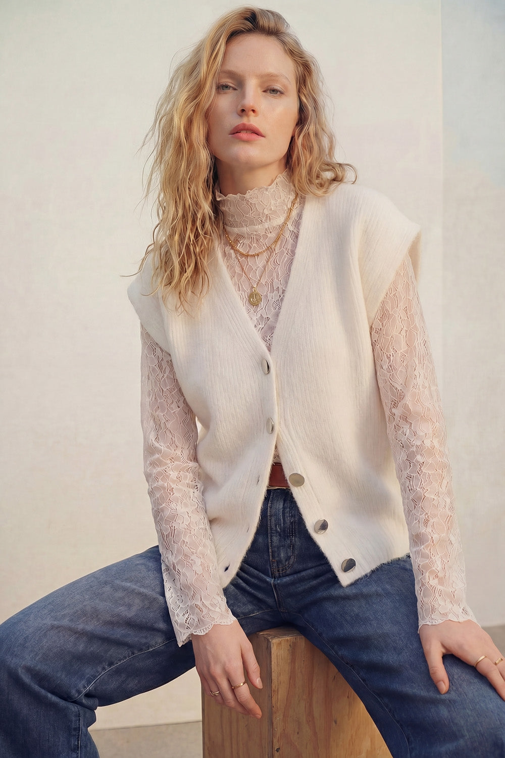cream Sleeveless Cardigan with Lace Insert and Silver Buttons