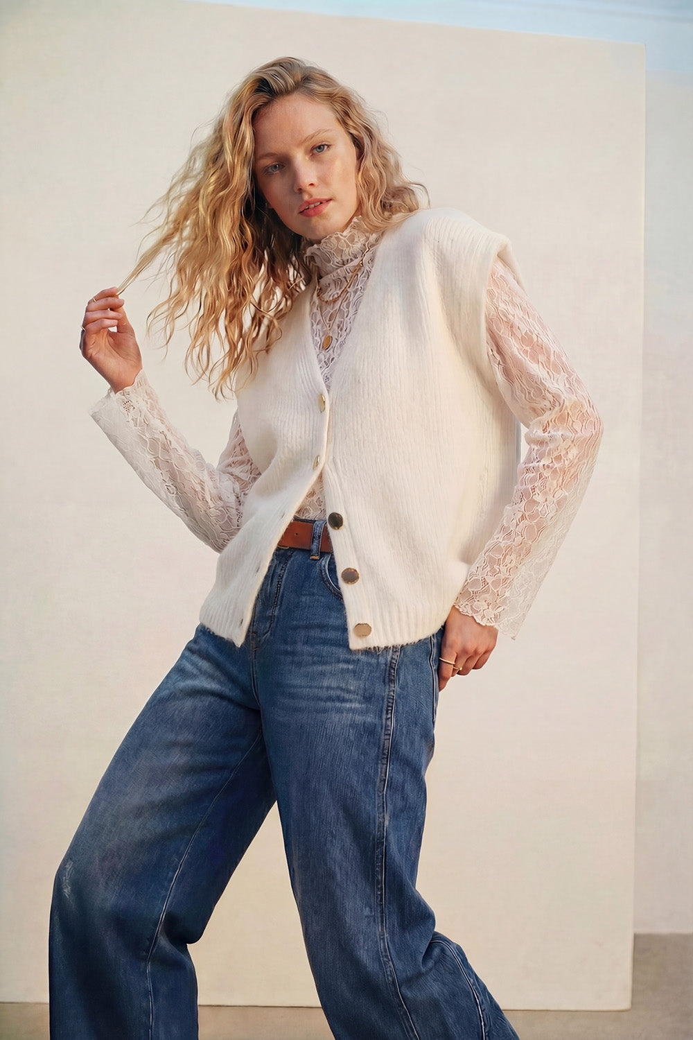 cream Sleeveless Cardigan with Lace Insert and Silver Buttons