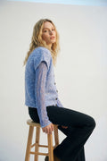 Blue Sleeveless Cardigan with Lace Insert and Silver Buttons