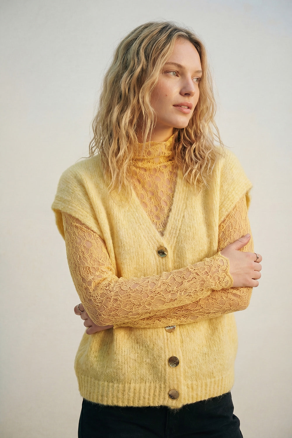 Yellow Sleeveless Cardigan with Lace Insert and Silver Buttons
