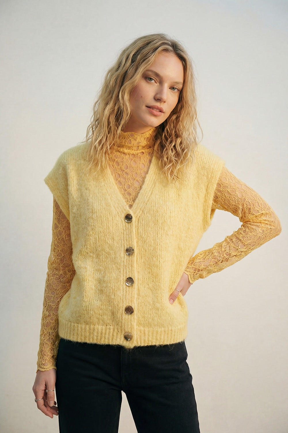 Yellow Sleeveless Cardigan with Lace Insert and Silver Buttons