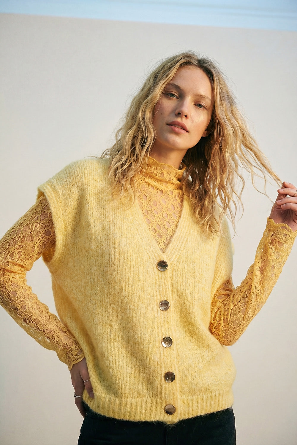 Yellow Sleeveless Cardigan with Lace Insert and Silver Buttons