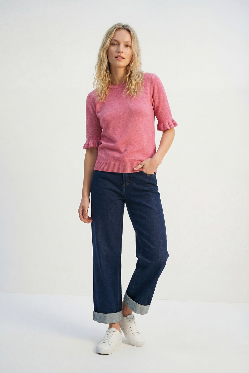 Dark Wash Wide-Leg Denim Jeans with Cuffed Hem