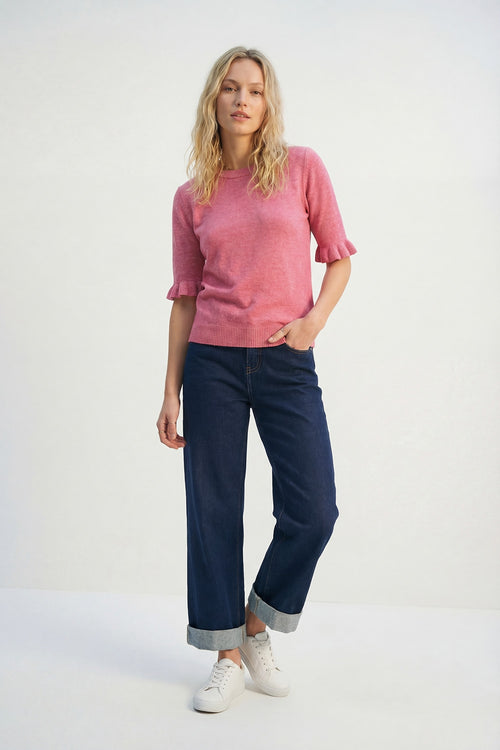 Dark Wash Wide-Leg Denim Jeans with Cuffed Hem