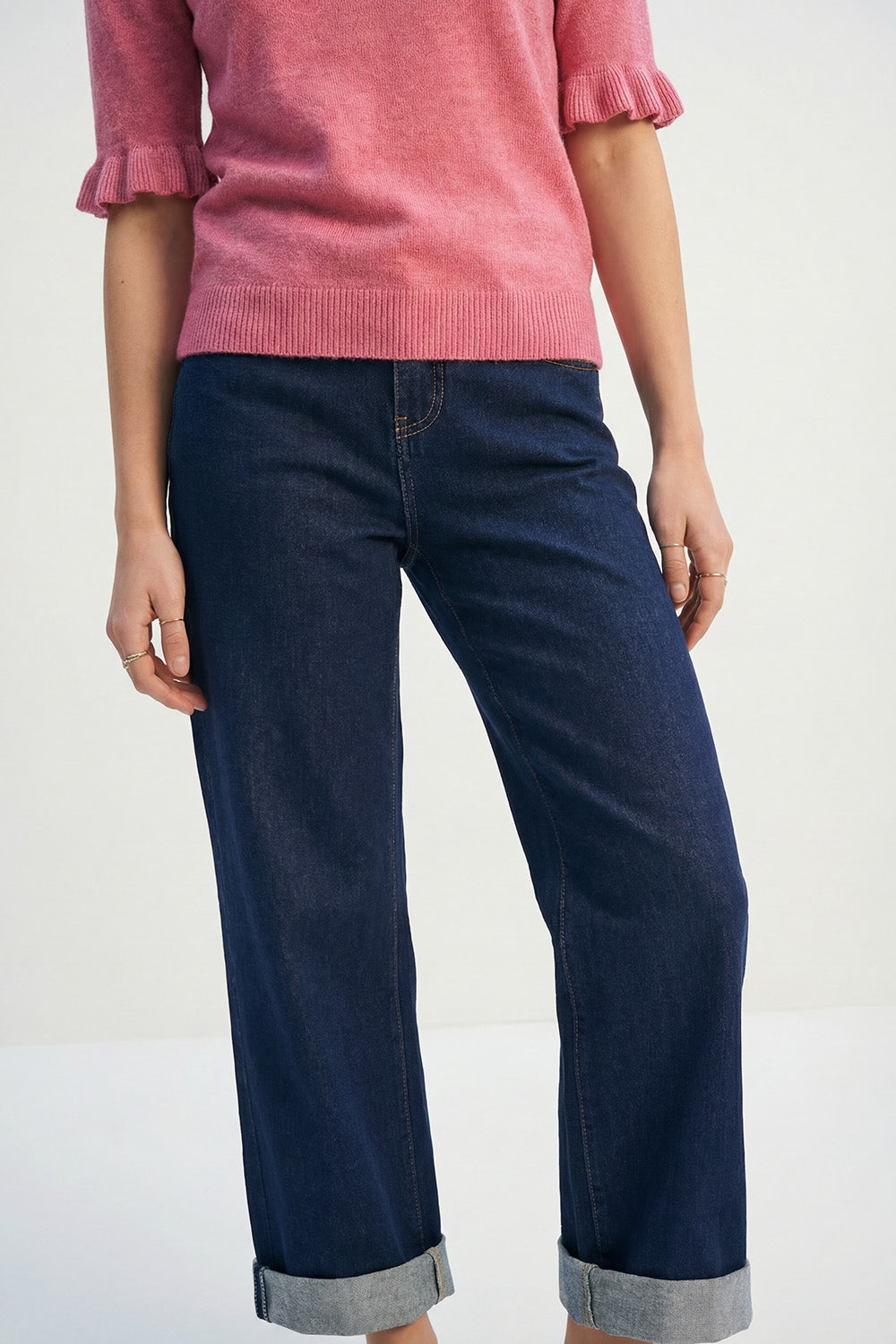 Dark Wash Wide-Leg Denim Jeans with Cuffed Hem