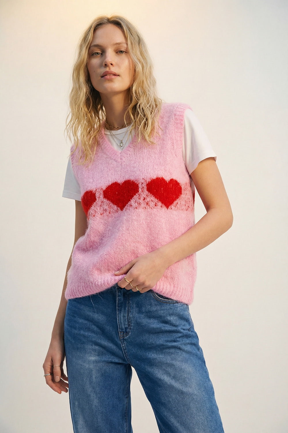 Relaxed-Fit Fluffy pink Knit Vest with Heart Motif