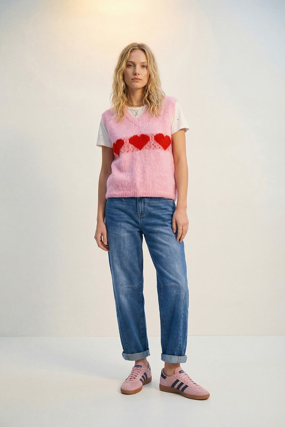 Relaxed-Fit Fluffy pink Knit Vest with Heart Motif