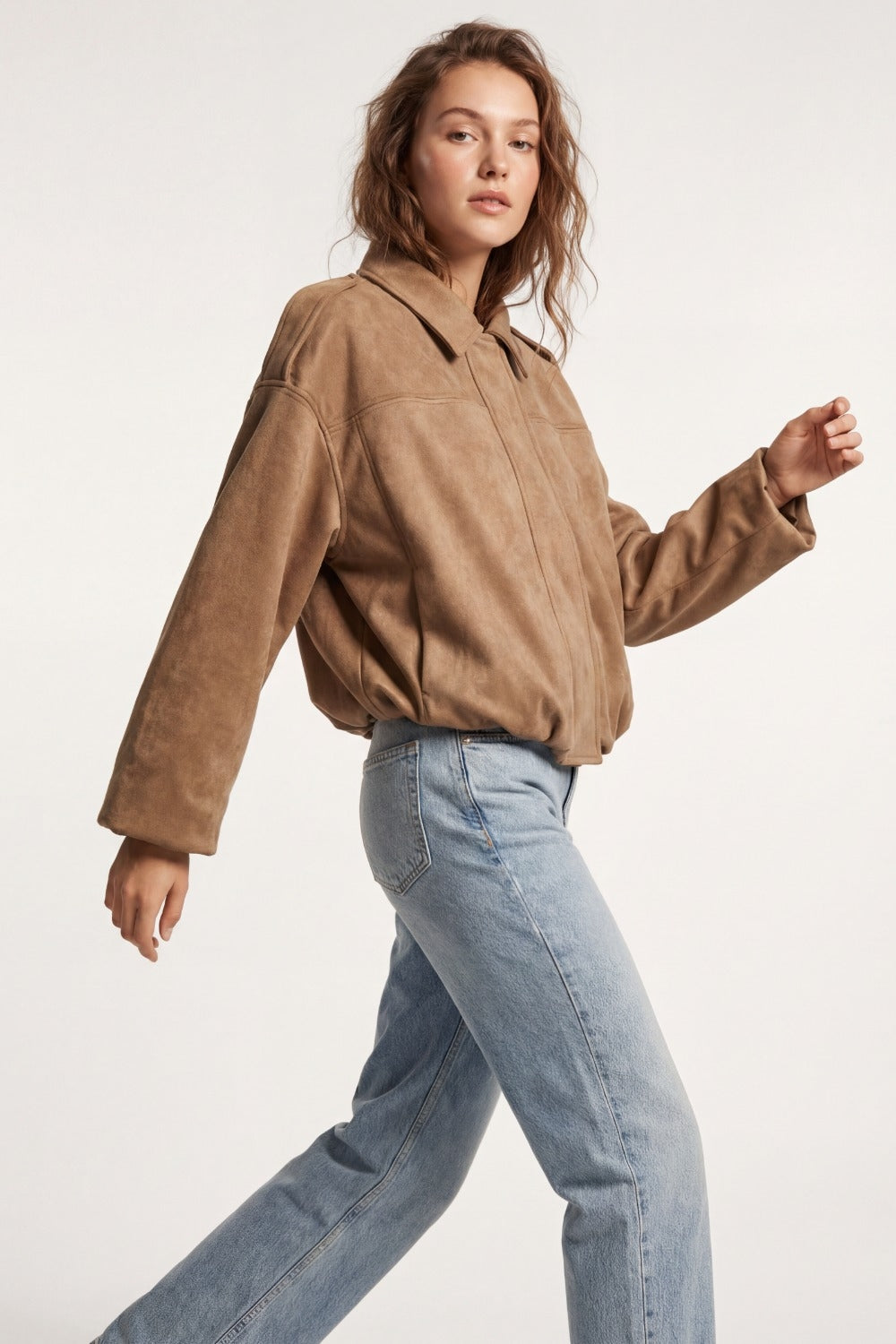 UNIKCOSA Suede-Effect Cropped Bomber Jacket
