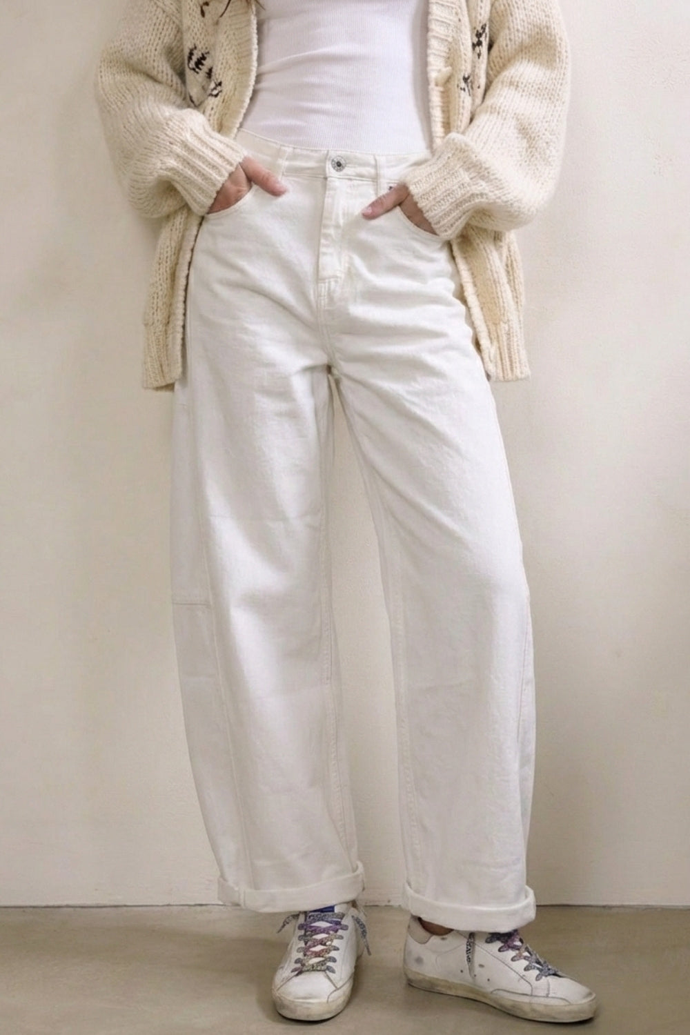 White Relaxed Fit Casual Wide-Leg Pants in Barrel Style