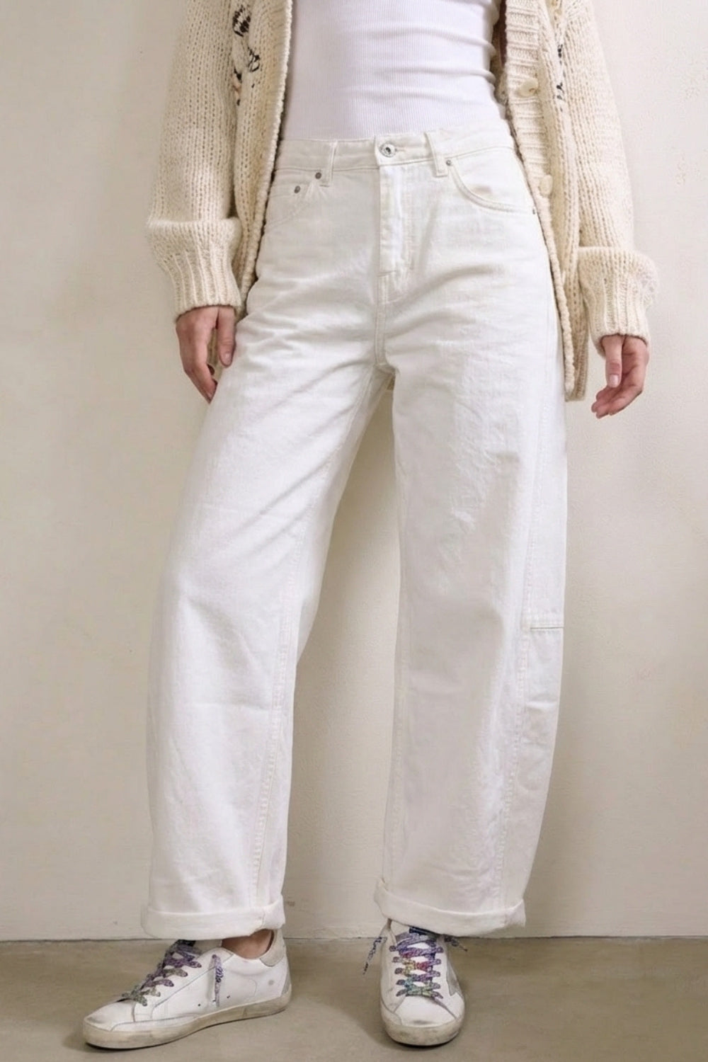 White Relaxed Fit Casual Wide-Leg Pants in Barrel Style