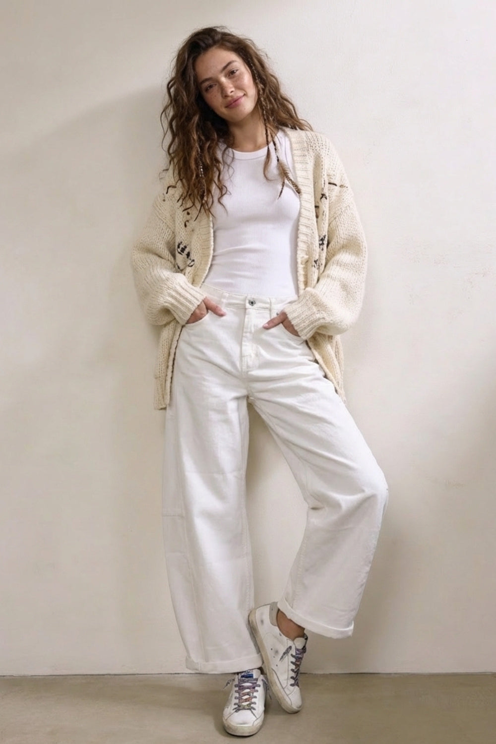 White Relaxed Fit Casual Wide-Leg Pants in Barrel Style