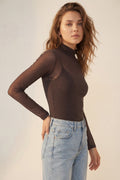 Brown Sheer Mesh Long Sleeve Mock Neck Bodysuit
