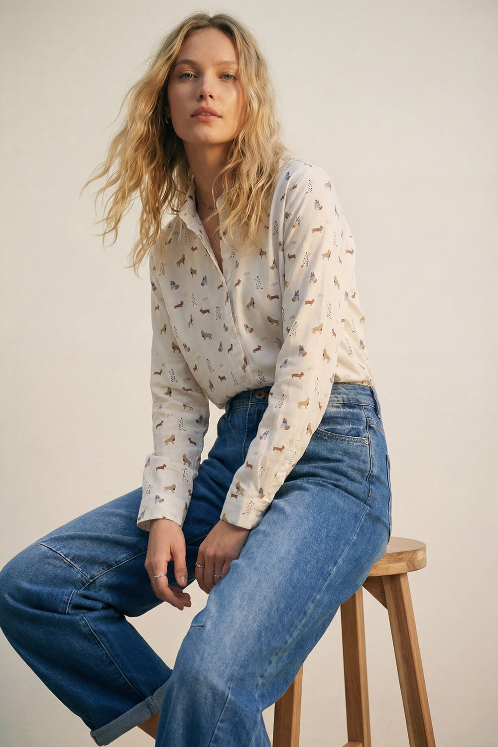 UNIKCOSA White Button-Up Shirt with Dog Print Pattern