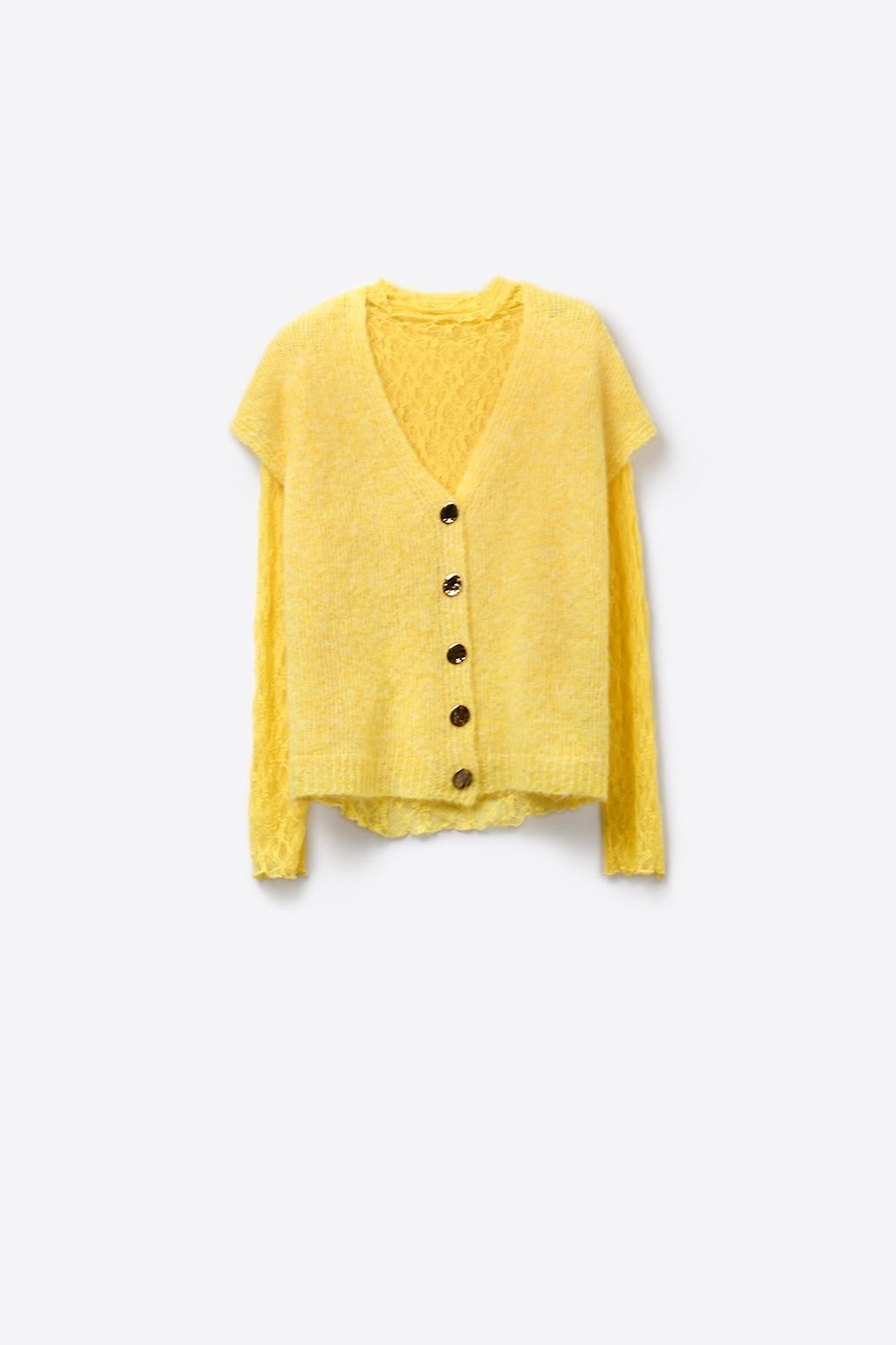 Yellow Sleeveless Cardigan with Lace Insert and Silver Buttons