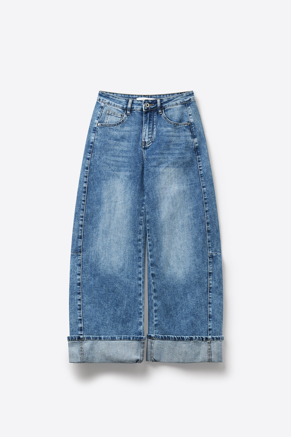 Blue Wide-Leg Light Wash Denim Jeans with Cuffs barrel Style