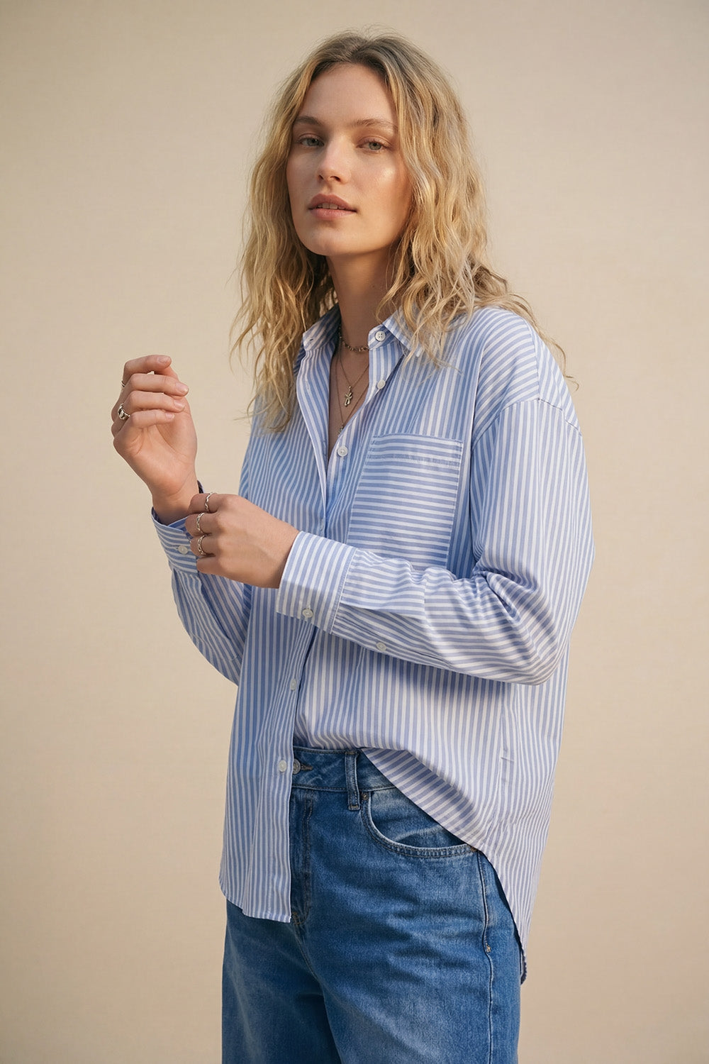 Light Blue Striped Relaxed Fit Button-Up Shirt