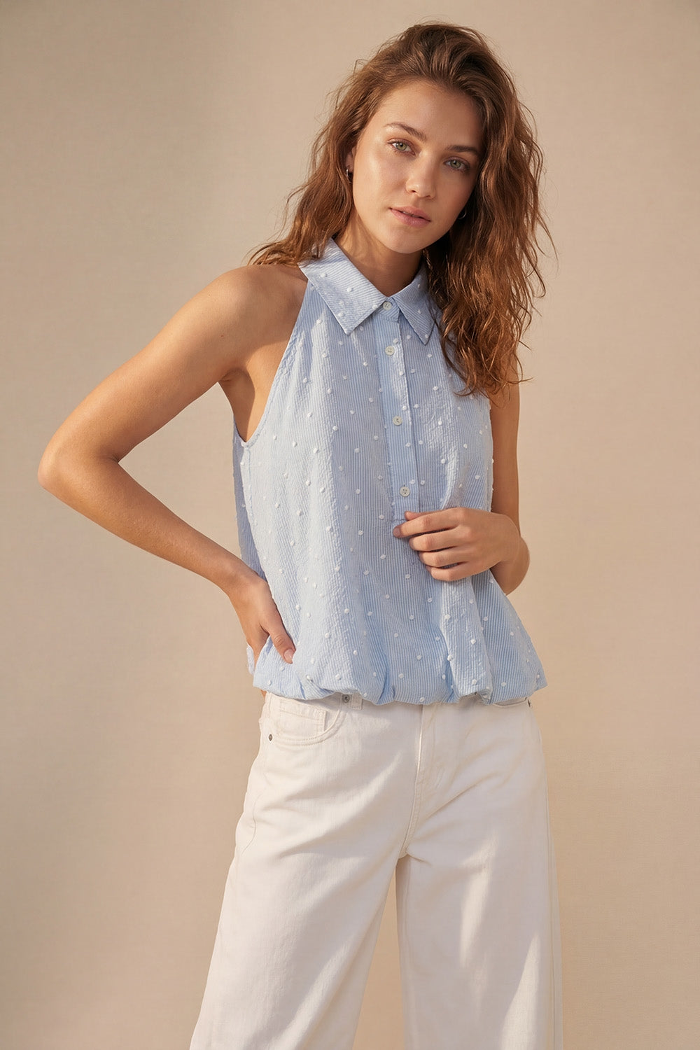 Light Blue Embroidered polka dot Blouse with buttons