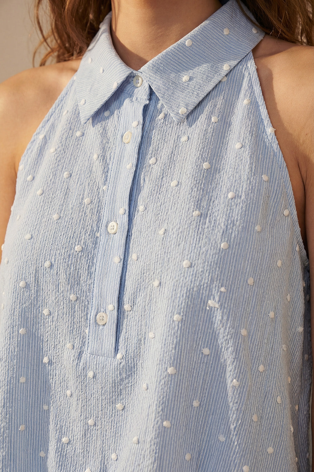 Light Blue Embroidered polka dot Blouse with buttons