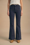 Navy High-Rise Flared Jeans with Stud Detail