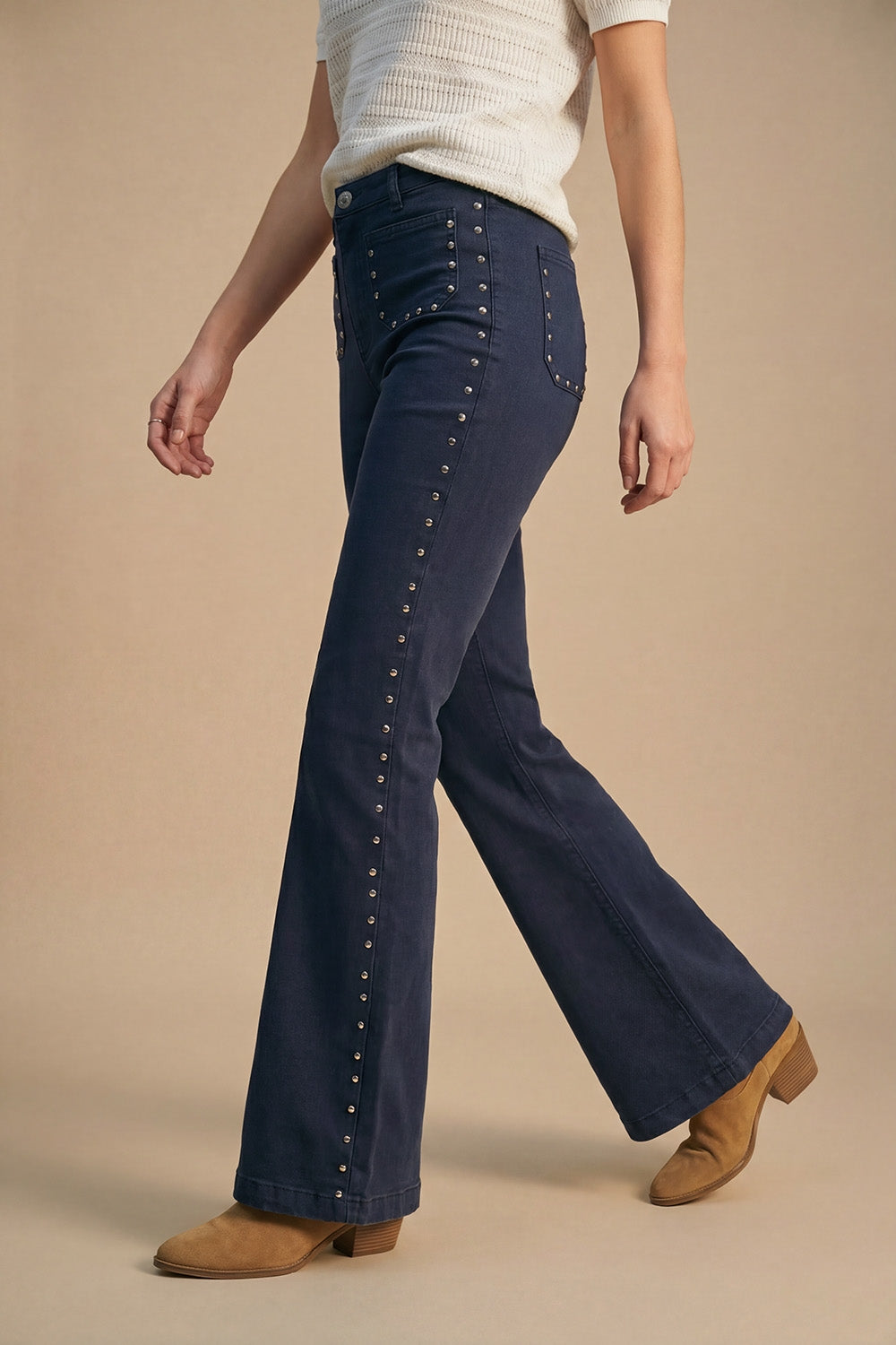 Navy High-Rise Flared Jeans with Stud Detail