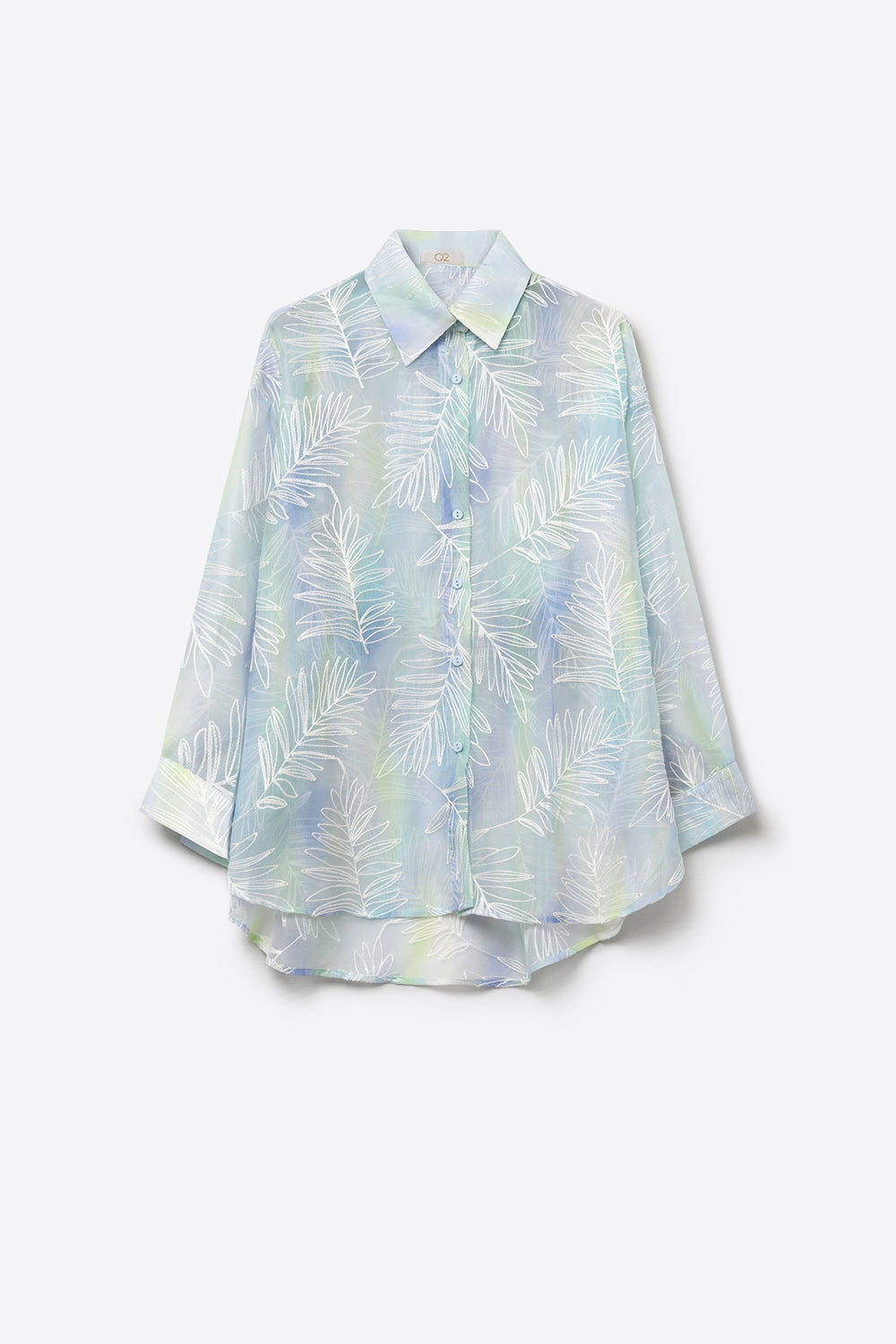 Light Blue Sheer Leaf Print Button-Up Shirt with translucent fabric