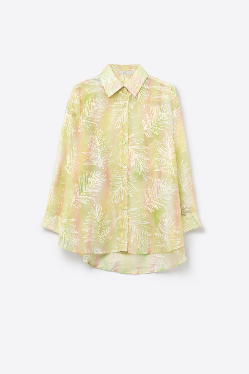 Green Sheer Leaf Print Button-Up Shirt with translucent fabric