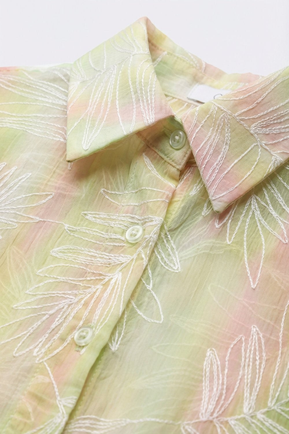 Green Sheer Leaf Print Button-Up Shirt with translucent fabric