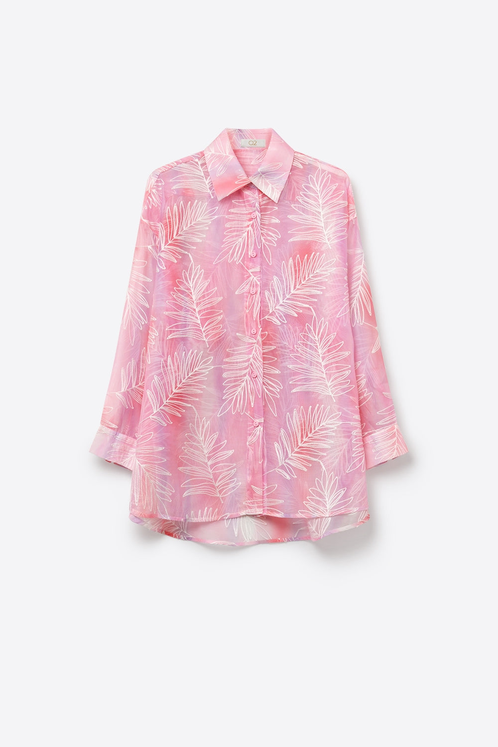 Pink Sheer Leaf Print Button-Up Shirt with translucent fabric