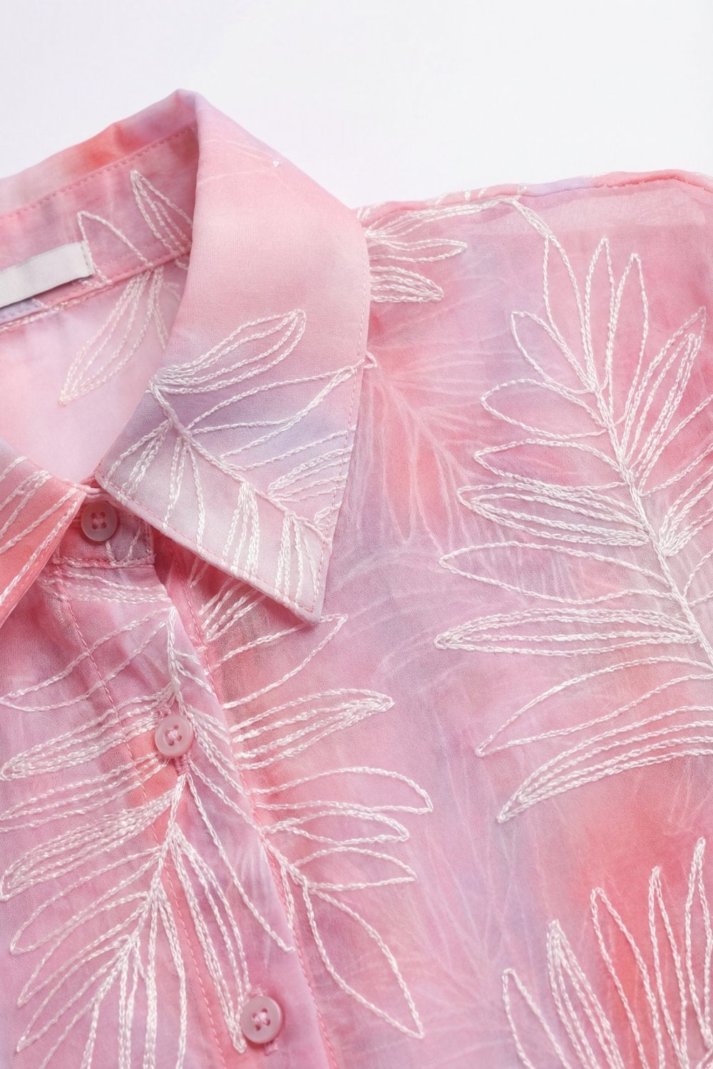 Pink Sheer Leaf Print Button-Up Shirt with translucent fabric
