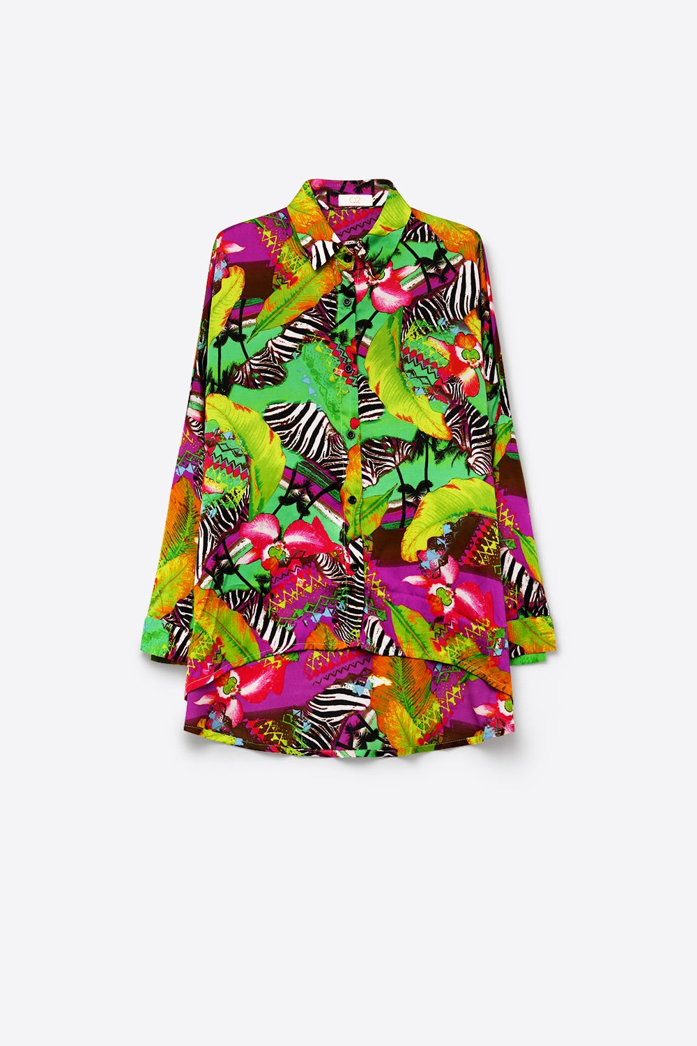 Multi Green Vibrant Tropical Print Button-Up Shirt in satin fabric