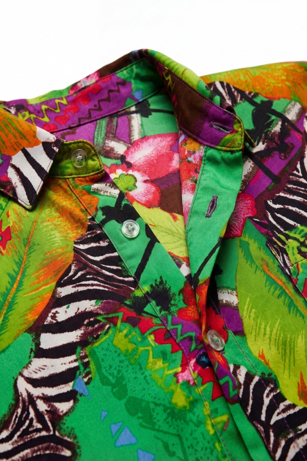 Multi Green Vibrant Tropical Print Button-Up Shirt in satin fabric