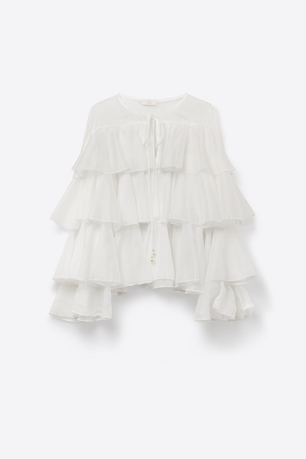 White Tiered Ruffle Peplum Blouse with Tie Neck