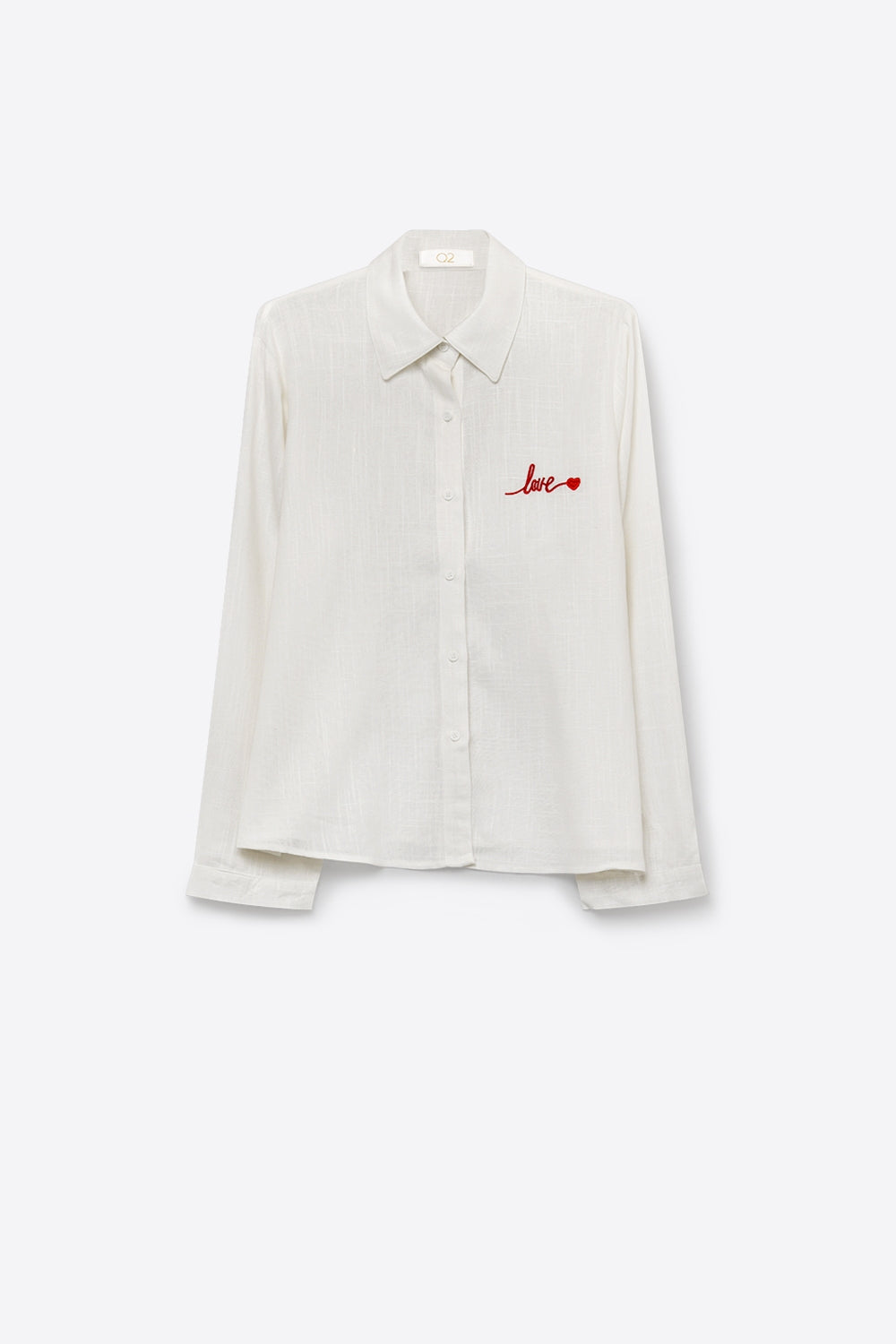 White Button-Up Shirt with Red Love Embroidery