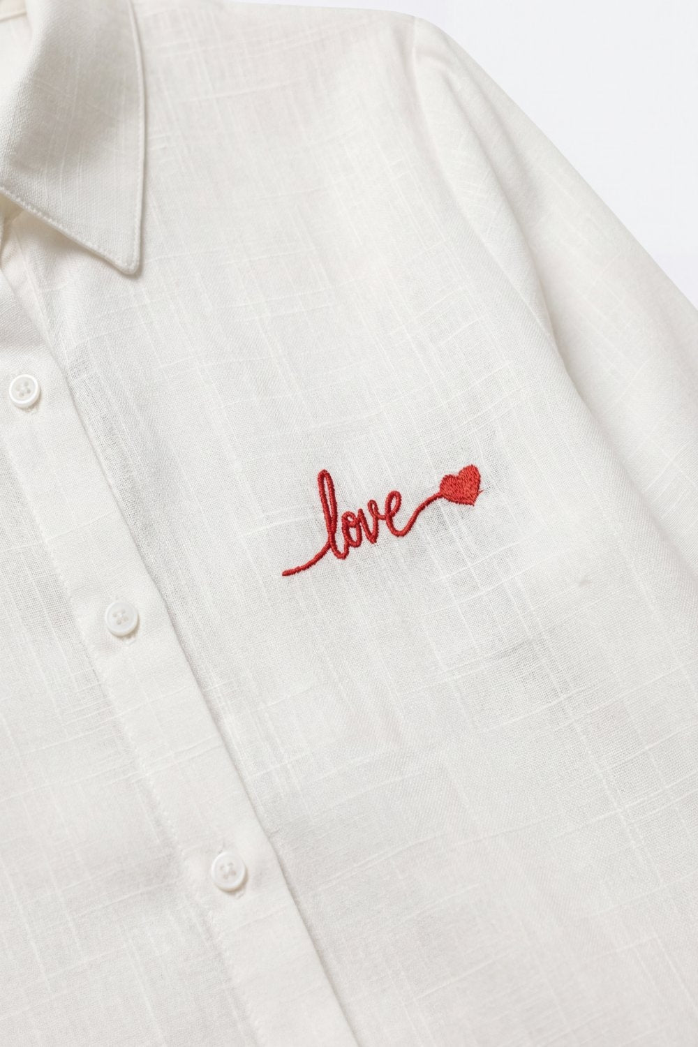 White Button-Up Shirt with Red Love Embroidery