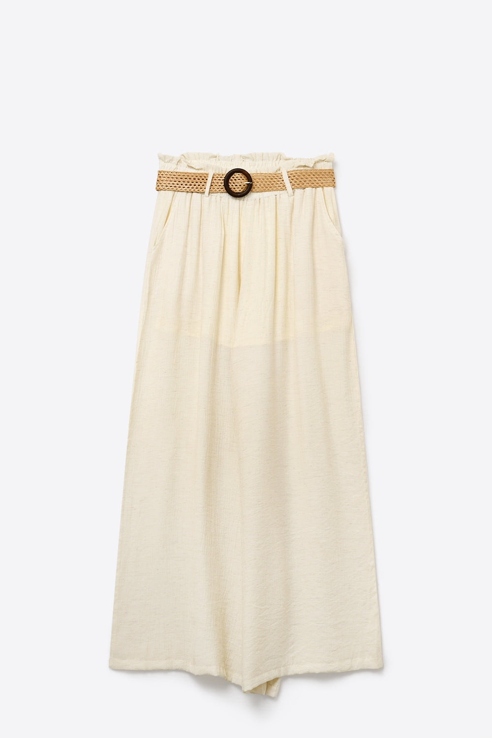 Cream lightweight Wide-Leg Pants with Woven Belt Detail