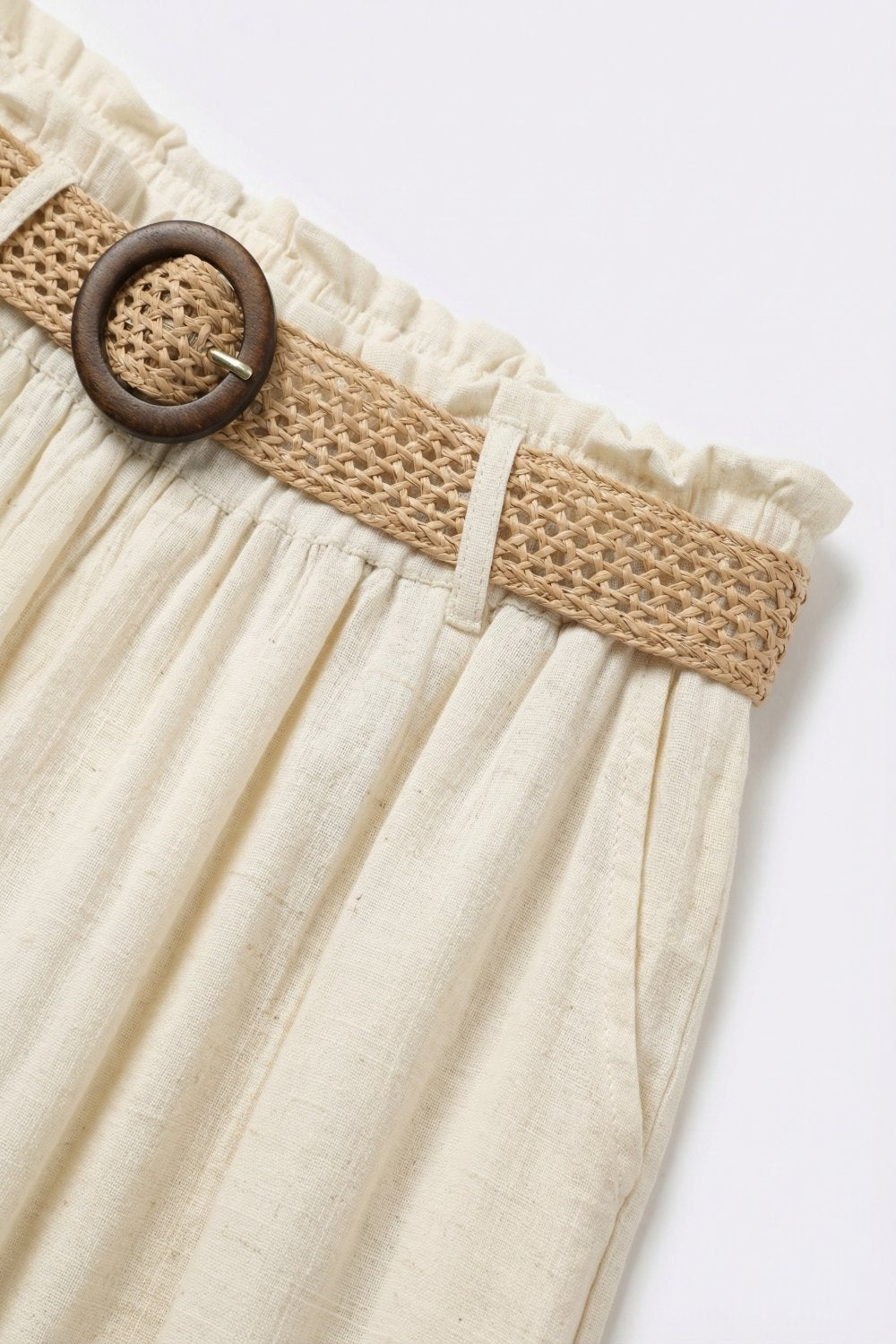 Cream lightweight Wide-Leg Pants with Woven Belt Detail