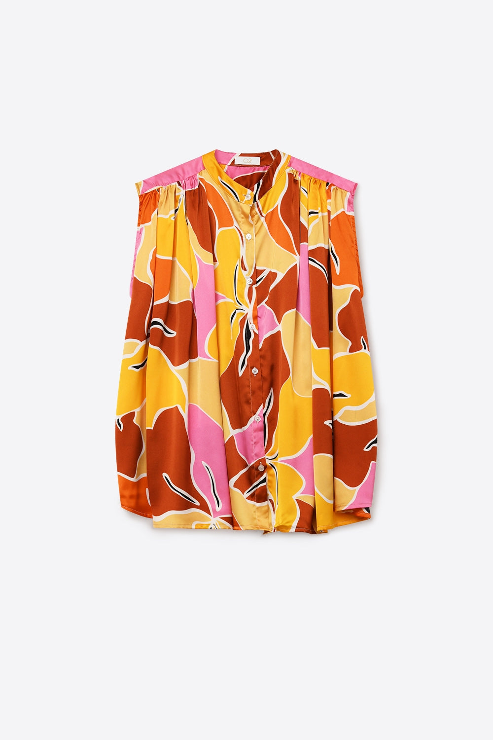 Tropical Print Button-Front Sleeveless Blouse in orange Warm Tones