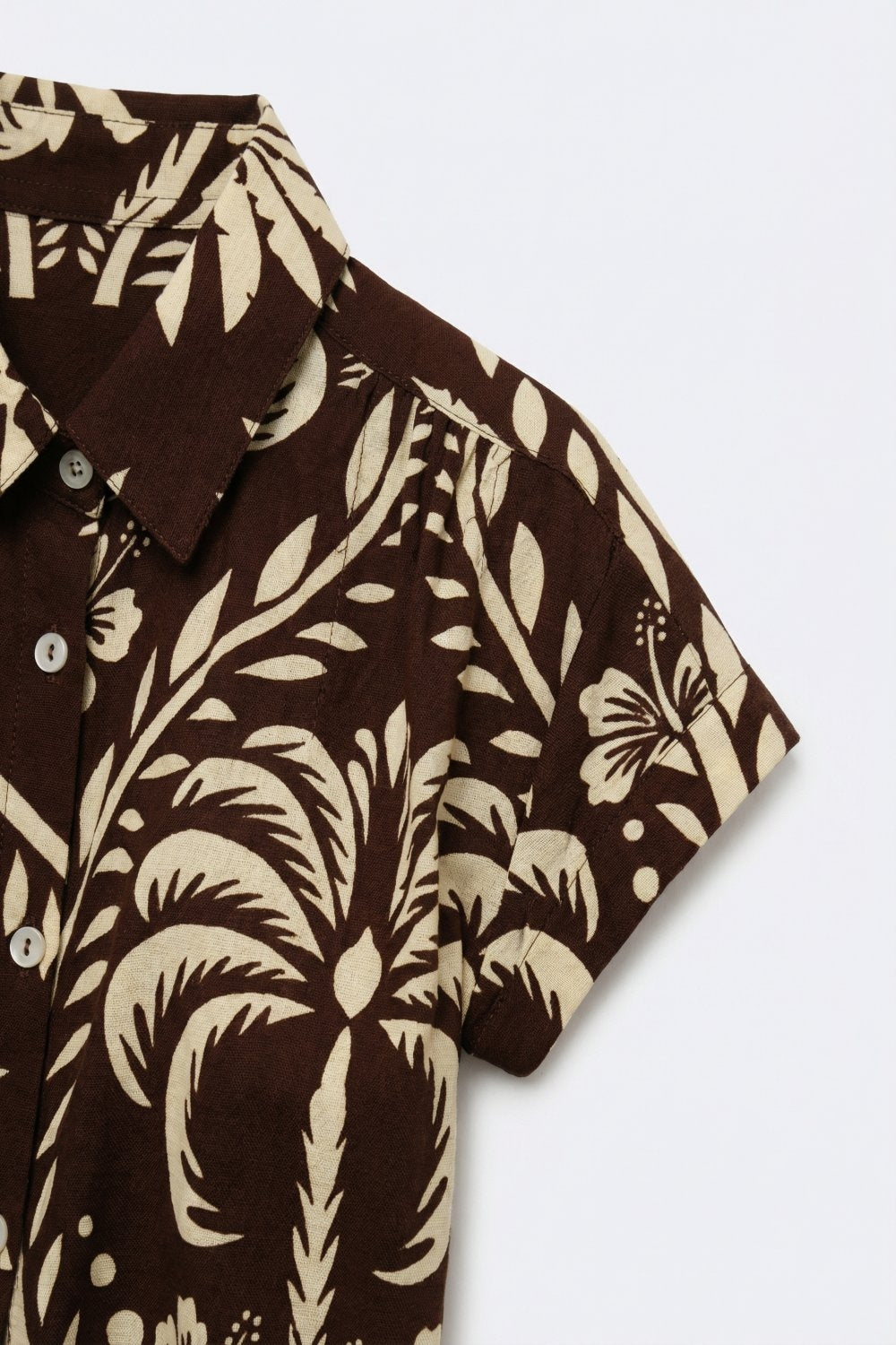 Brown Tropical Print Short Sleeve Button-Up shirt