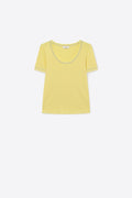 Yellow Ribbed Knit Scoop Neck sweater with shiny lurex trim