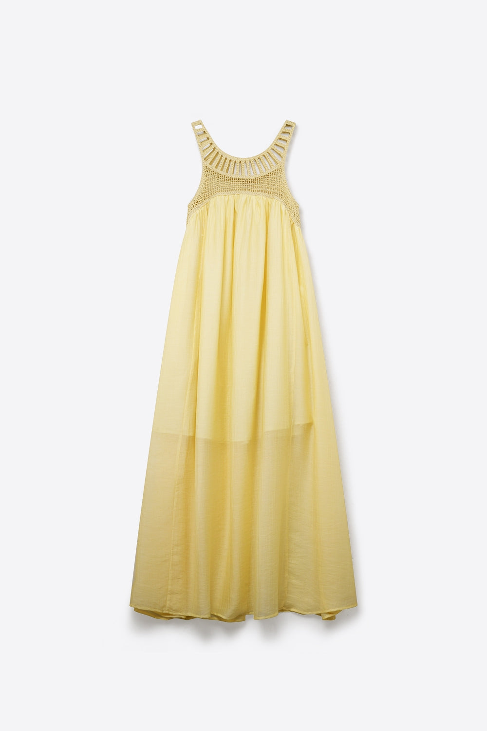 UNIKCOSA Yellow Crochet Yoke Maxi Dress with Flowing Skirt