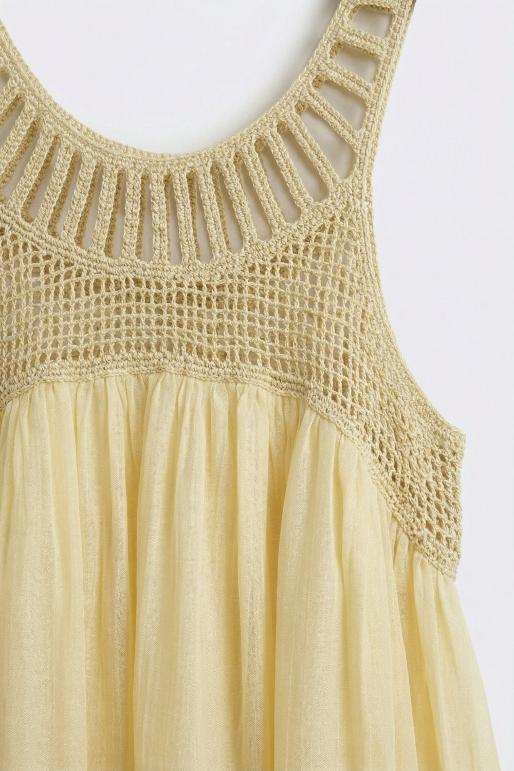 UNIKCOSA Yellow Crochet Yoke Maxi Dress with Flowing Skirt