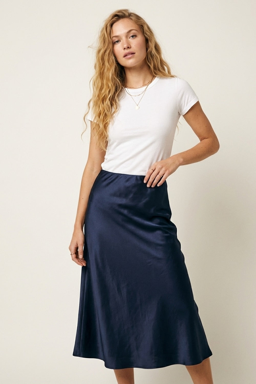 Navy Satin A-Line Midi Skirt