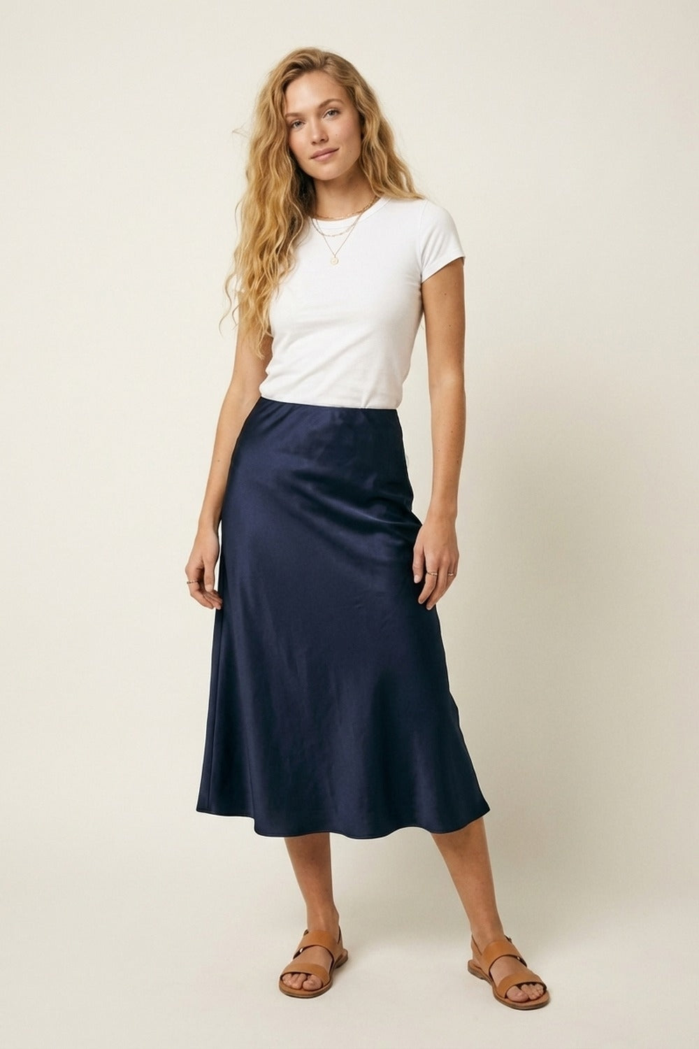 Navy Satin A-Line Midi Skirt