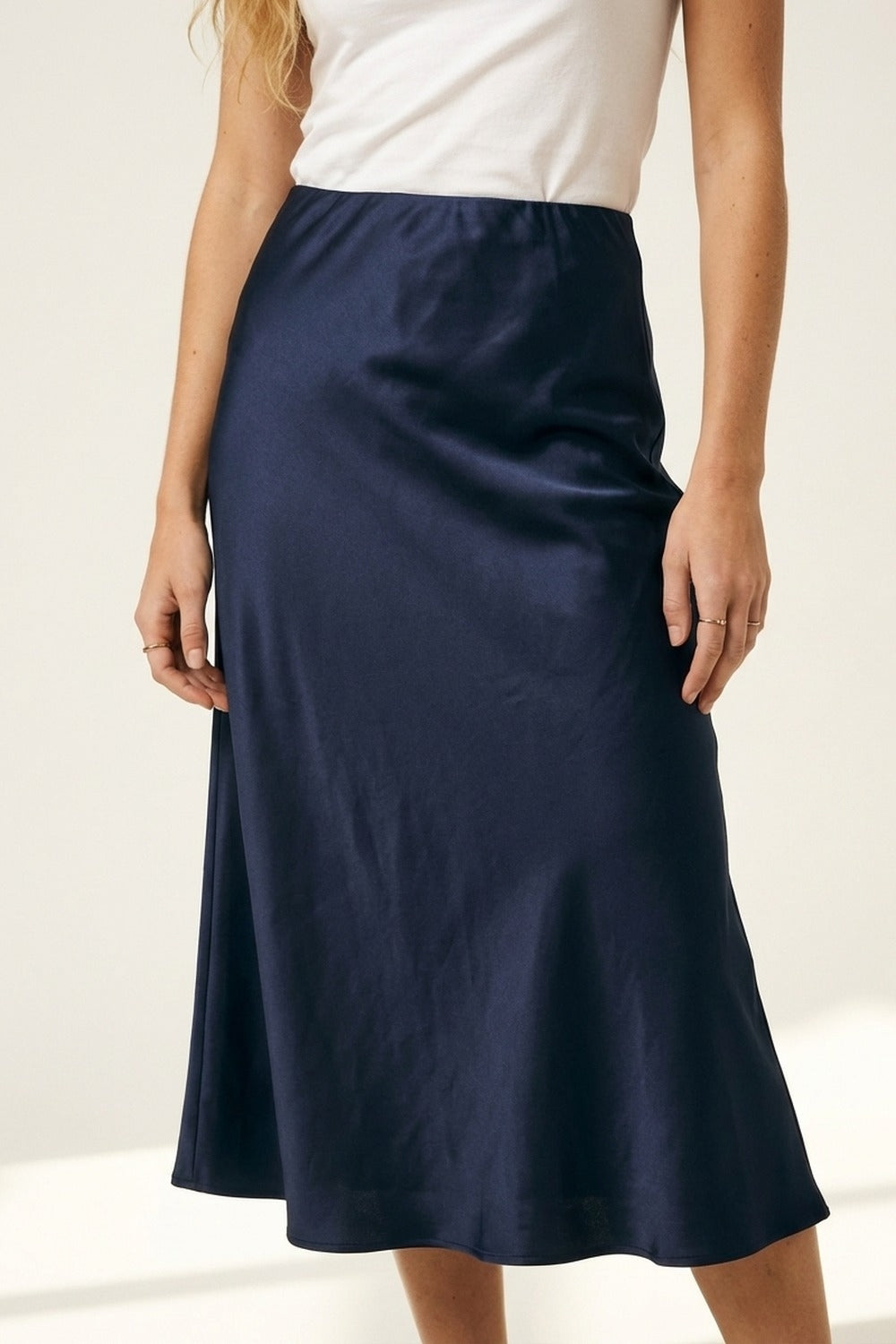 Navy Satin A-Line Midi Skirt
