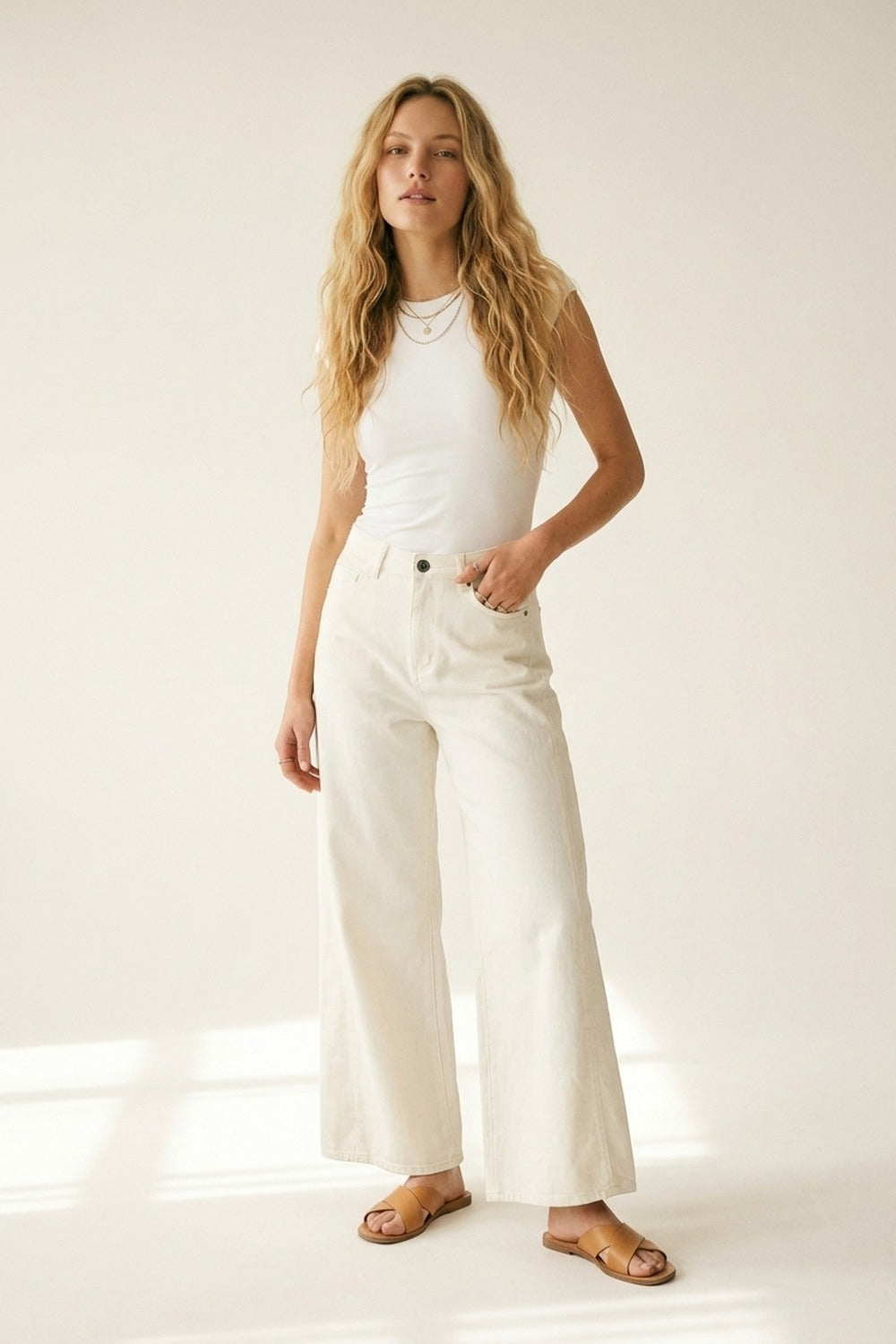 Extra Wide-Leg elastic Cotton Twill Pants in white color