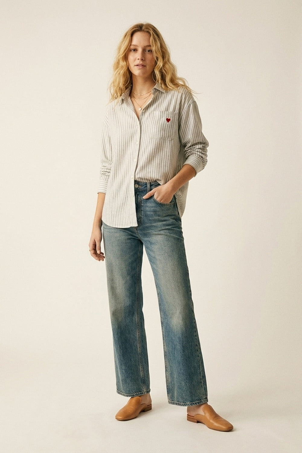 Grey Striped Relaxed Fit Button-Up Shirt with Heart Detail