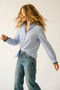 Light Blue Striped Button-Up Shirt with Floral Trim