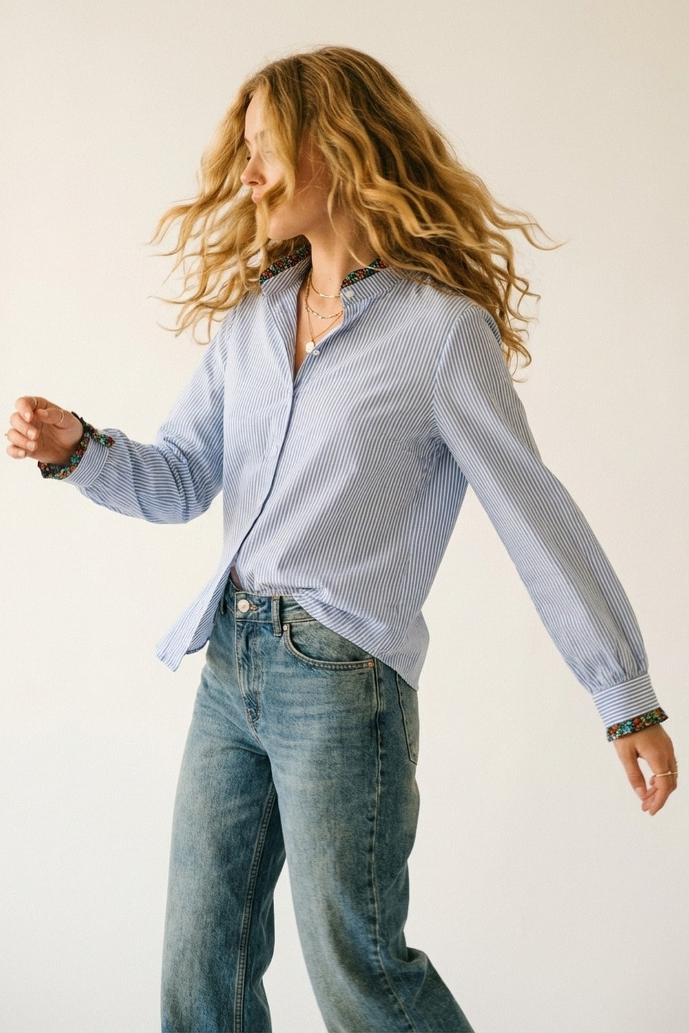 Light Blue Striped Button-Up Shirt with Floral Trim