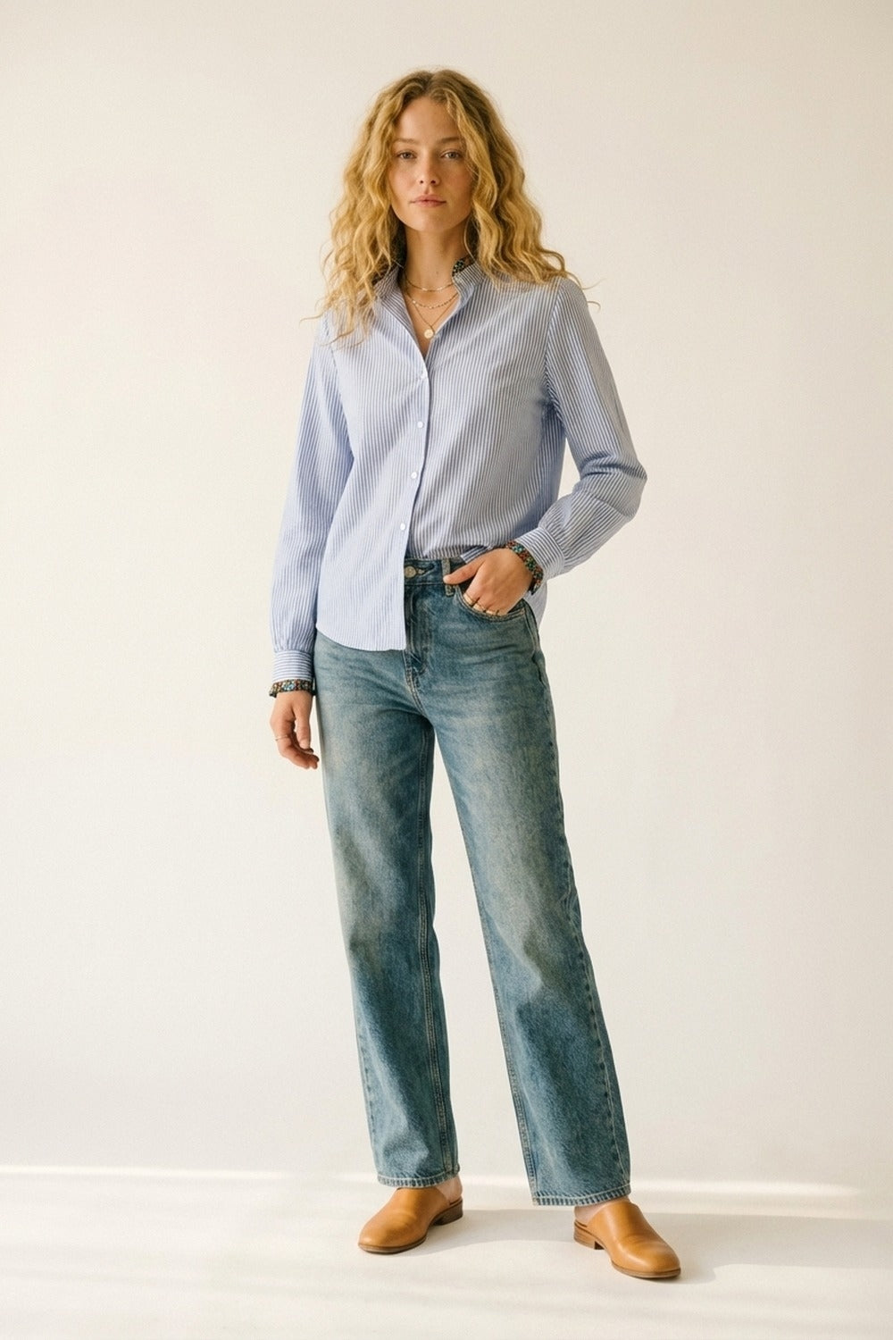 Light Blue Striped Button-Up Shirt with Floral Trim